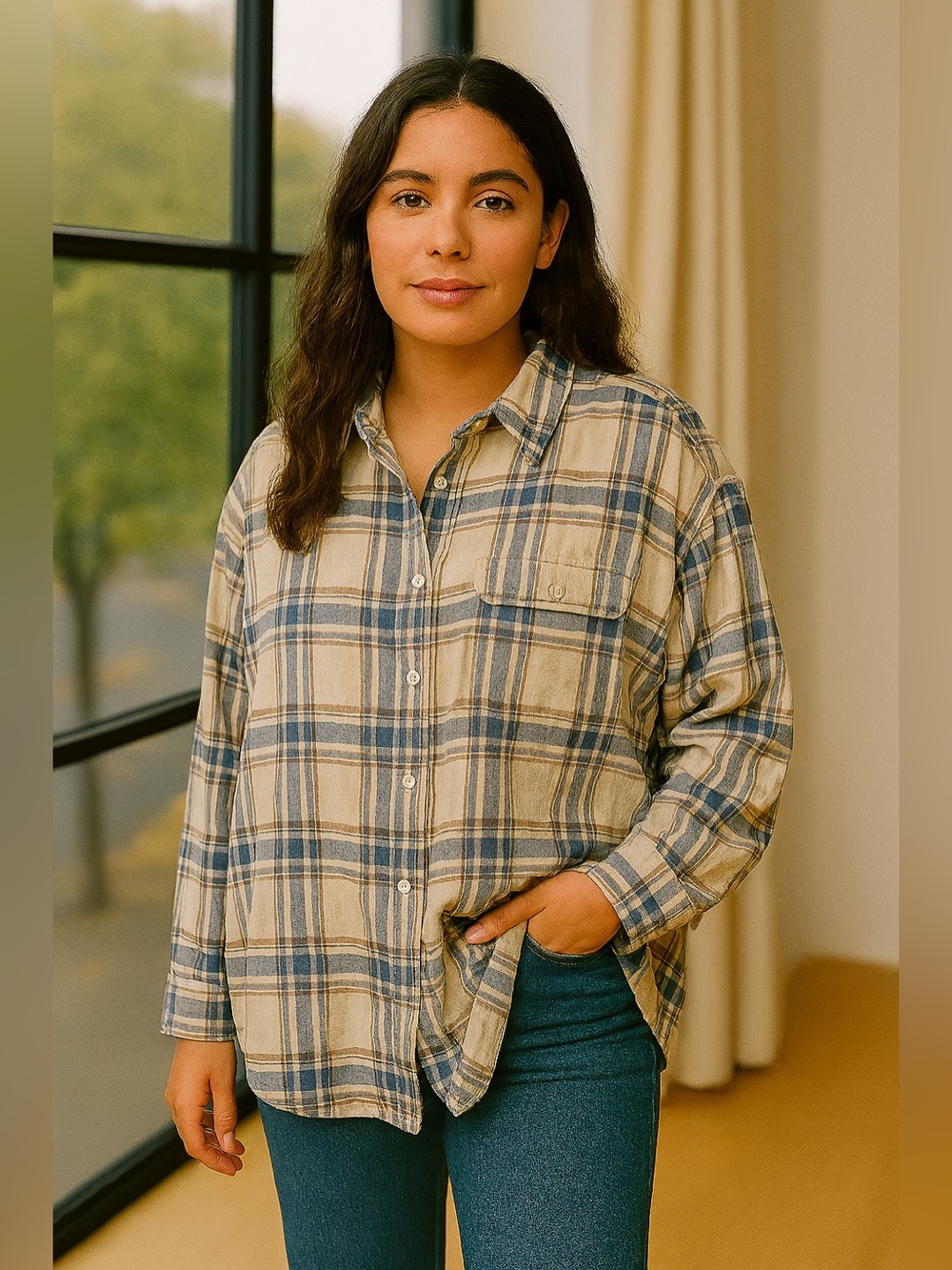 American Eagle Cream and Blue Plaid Button-Up Shirt